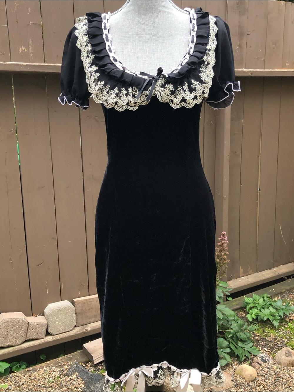 Y2K Dreamgirl Black Velvet Lace-Trim Midi Dress Whimsigoth Maid Costume Bows